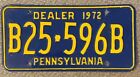 Plaque d'immatriculation de revendeur Pennsylvanie 1972 # B25-596B