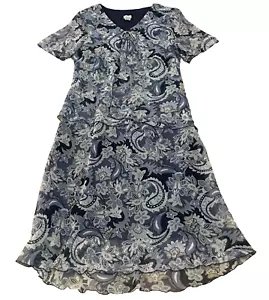 Believe Women Dress Sz 20W Blue Floral Ruffle Tie Neck Short Sleeve Hi-Low Hem - Picture 1 of 9