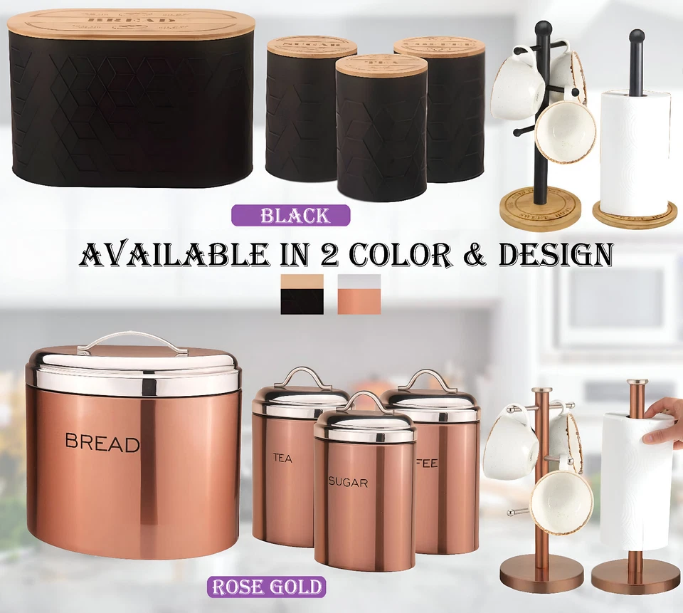 HOMION Airtight Lid Bread Bin Roll Holder Storage Canister Jars Set Tea Coffee Sugar