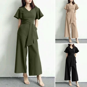 Women Ladies Short Sleeve V Neck Jumpsuit Evening Cocktail Wide Leg Pants Romper - Picture 1 of 15