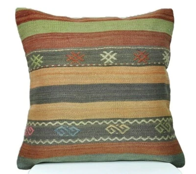 16x16 Handmade Kilim Rug Pillow Cover Vintage Boho Ethnic Lumbar Cushion E217 - Image 1 of 4