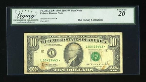 DBR 1995 $10 FRN San Francisco STAR Fr. 2032-L* Legacy VF-20 Serial L00419443* - Picture 1 of 2