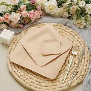 9" NATURAL Sustainable BAMBOO Square PLATES Disposable TABLEWARE WHOLESALE - Picture 1 of 9