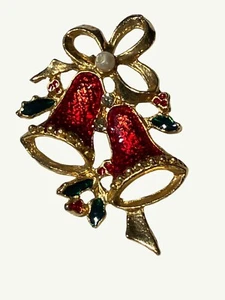 Vintage Red Bell Christmas Brooch Pin With Bow And Faux Pearl Accents 2 Inches - Picture 1 of 5