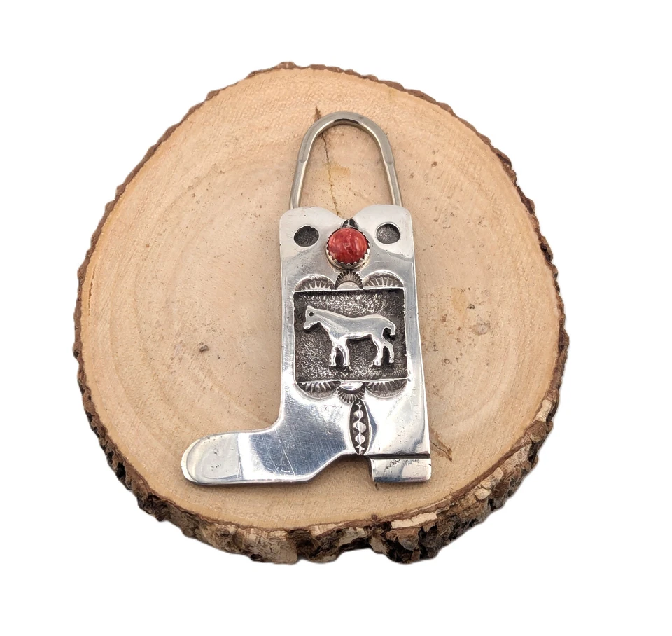 Llavero Nativo Americano Plata Esterlina Piedra Coral Diseño Bota Vaquera Occidental Foto 1 de 4