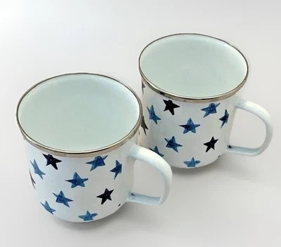 Taza Pottery Barn Taza Cottage Lodge Regalo Esmalte Metal Azul Blanco Estrellas Retro Esquí Foto 1 de 4