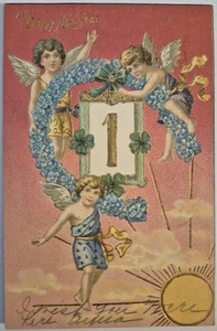 Vintage Postkarte Happy New Year Engel geprägt vergoldet AA126 - Bild 1 von 2