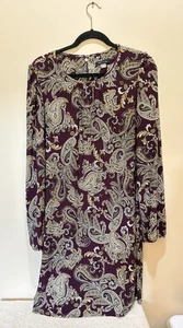 Tommy Hilfiger Dress Size 14 Burgundy Gold Paisley Stretch L/S Knee Length - Picture 1 of 8