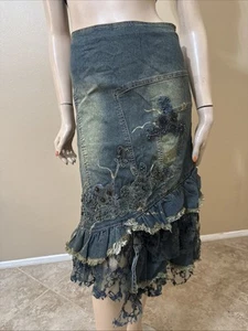 Falda para mujer denim dorado verdoso de algodón con cremallera bordada con cuentas talla S (4-6) 9016 - Imagen 1 de 22