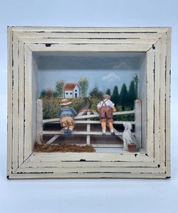 Vintage Holz Landhaus Landhaus rustikal Schattenkasten Kinder am Zaun Wandbehang - Bild 1 von 5
