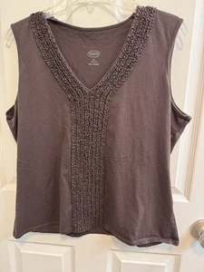 Talbots XL Brown Ruffle V-neck Sleeveless Knit Top 100% Cotton - Picture 1 of 8