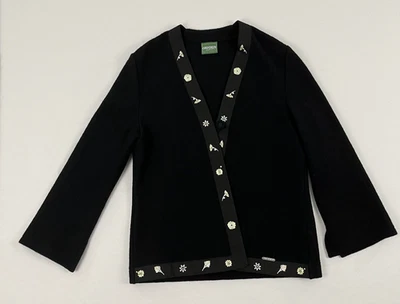 Geiger Cardigan Sweater Womens Size 42 Black Wool Floral Embroidered Trim Boho - Image 1 of 4