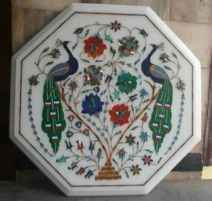 12" Marble Table Top Inlay Pietra Dura Coffee Malachite Stone Decor Peacock - Picture 1 of 5