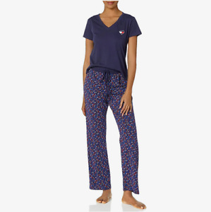 TOMMY HILFIGER Women`s 2pc Pajama Set shirt PJ Pants TH Logo L XL 1X Navy