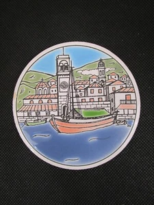 Greek Ceramic Tile Wall Art Plaque Boat Docked At Monastery Round 9cm Diameter - Picture 1 of 3