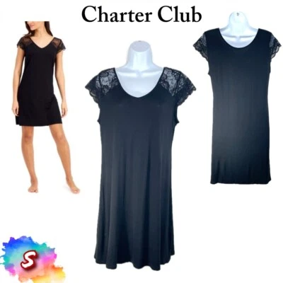 全新带标签 Charter Club 女式 S 蕾丝饰边 Chemise 睡袍黑色 100144155MS 45 美元 — 第 1/4 张图片