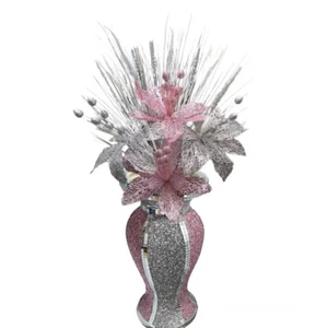 Pink Silver Vase With Flowers Crushed Crystal Mosaic Romany Glitter Bling 30 cm - Picture 1 of 3