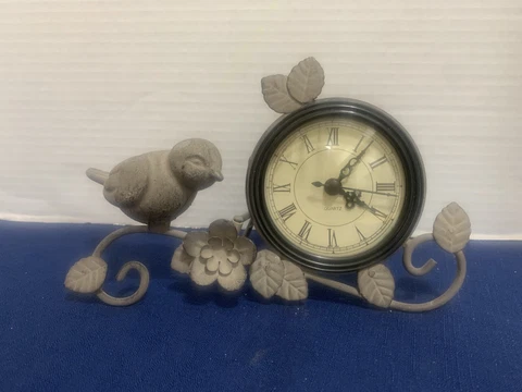 Wrought Iron Bird on Branches With Clock- Works Great!! Lovely! Cover
