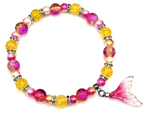 7.5" Glass Mermaid Tail Stretch Bracelet-Fuchsia Pink/Orange Beads & Rhinestones - Picture 1 of 4