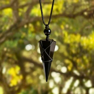 Natural Black Obsidian Point Pendant Healing Crystal Amulet Unisex Necklace Gift - Picture 1 of 3