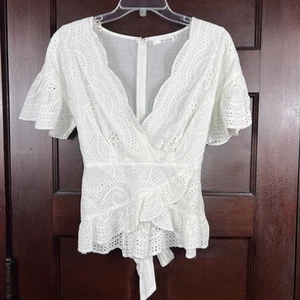 E. Ssue Ösen Rüschen Faux Wickel Crop Top Damen Medium Kurzarm weiß zum Binden - Bild 1 von 10