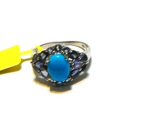 BLUE SLEEPING BEAUTY TURQUOISE OVAL & PURPLE IOLITE RING, 925, SIZE 7, 3.15(TCW) - Picture 1 of 12