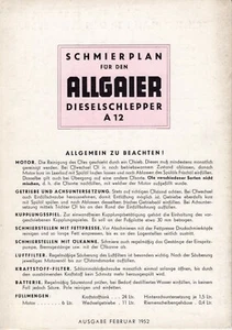 Sistema de tractor diésel Allgaier A12 Porsche ~ 1952 TABLA DE LUBRICACIÓN ~ alemán - Imagen 1 de 2