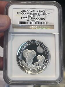 2014 Somalia African Wildlife High Relief Silver Elephant NGC PF70 ULTRA CAMEO