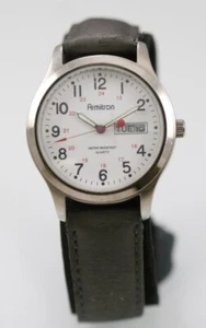 Armitron Men Watch Stainless Steel Silver 30m Gray Leather Day Date White Quartz - Picture 1 of 6