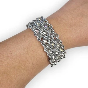 Beaded Wide Chain Bracelet Aurora Borealis AB Silver Tone Curb Chain Retro 7.5" - Picture 1 of 12