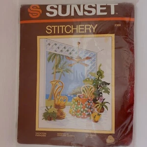 Vintage Sunset Stitchery Vacation Paradise 16 x 20" 1981 Sealed Embroidery NIP - Picture 1 of 5