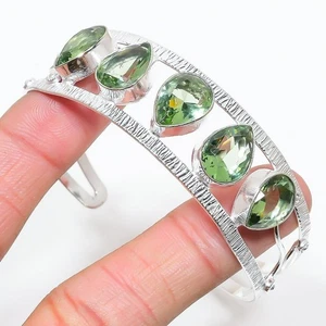 Green Amethyst Gemstone Handmade 925 Sterling Silver Adjustable Cuff Bracelet - Picture 1 of 1