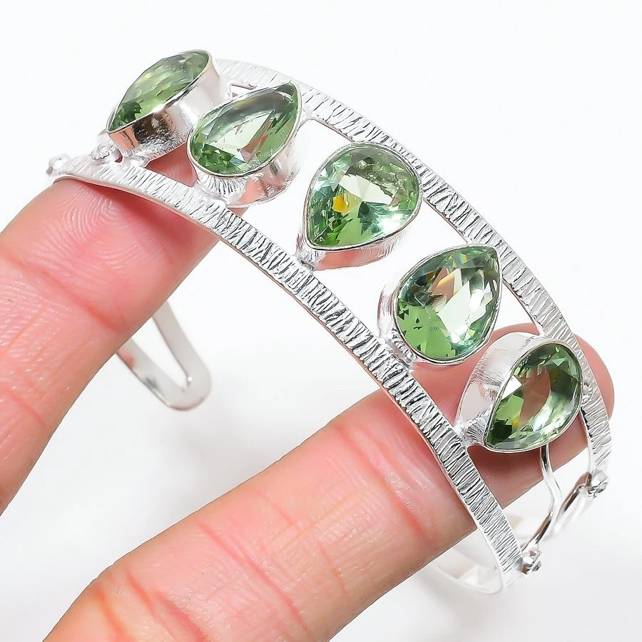 Green Amethyst Gemstone Handmade 925 Sterling Silver Adjustable Cuff Bracelet - Image 1 of 1