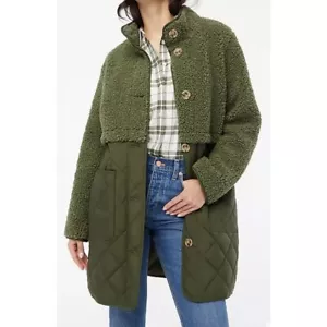 New J.Crew Factory Mixed Media Quilted Olive Green Button Front Teddy Jacket 3X - Picture 1 of 7