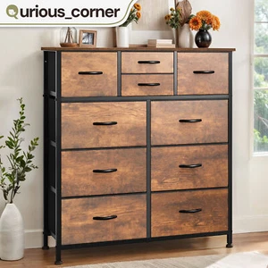 10 Drawers Dresser Fabric Brown Rustic Double Tower Storage Closet Organizer - Picture 1 of 11