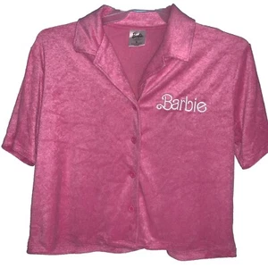 Barbie Pink Terry Cloth Short Button Down Shirt Size Large - Picture 1 of 4