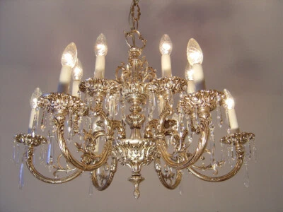 LÁMPARA PLATA ANTIGUA VINTAGE 12 LÁMPARA CRISTAL NÍQUEL LATÓN Ø 28" Foto 1 de 4