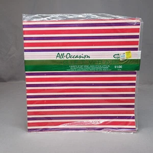 VINTAGE CLEO Gift Wrap All Occasion Wrapping Paper 2 Sheets Red Blue Striped NOS - Picture 1 of 6