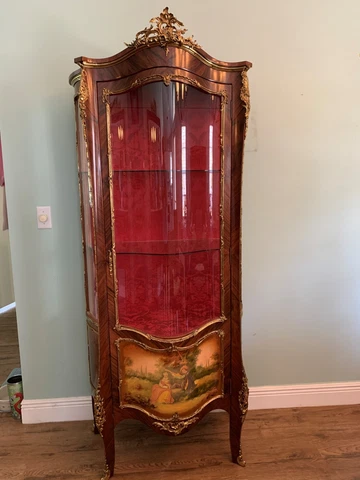 1920 to 1950s French Louis XVI Curio Cabinet, Vitrine, Hand-painted scene Cover