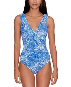 Lauren Ralph Lauren Women's Blue Printed Ruffled One-Piece Swimsuit - 6 - Blue - Picture 1 of 3
