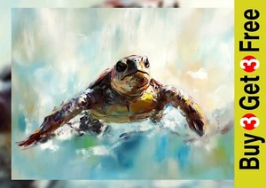 Swimming Sea Turtle 5"x7" Print on Matte Paper | Bold Oil Marine Life Painting - Picture 1 of 17