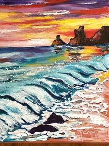 OCEAN BEACH WAVES CRASHING ON SHORE, SUNSET, NEW ACRYLIC, HAND PAINTED ON CANVAS - Picture 1 of 2
