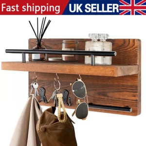 Wall Mounted Key Shelf Door Hanger Hooks Wooden Holder Storage Rack Organizer UK - Picture 1 of 10