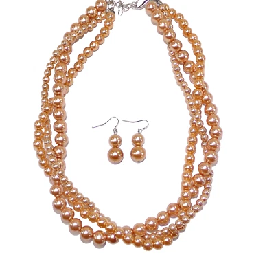 Conjunto de collar y pendiente de perlas beige multi hebra, moda 3 filas cuello de cuentas NUEVO Foto 1 de 4