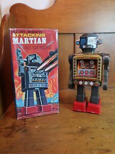 1970's Tin Battery Operated Attacking  Martian Robot/ Original Box Not Working