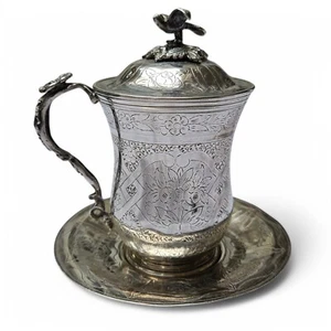 Antique Ottoman Empire Silver Sahlep Cup & Cover Floral Engraved. bird Finial - Picture 1 of 21