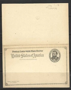 EE. UU. TARJETA DE RESPUESTA POSTAL #UY1 -- 1892 -- COMO NUEVA - Imagen 1 de 2