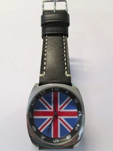 UK Flag Face Watch from 'Rock it with Japan Mov't & Black Leather Stitched Strap - Bild 1 von 5