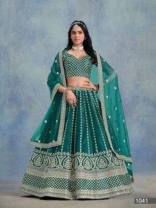 Pakistanischer Stil Bollywood festliche Kleidung grün Kunst Seide bestickt Lehenga Chol - Bild 1 von 33