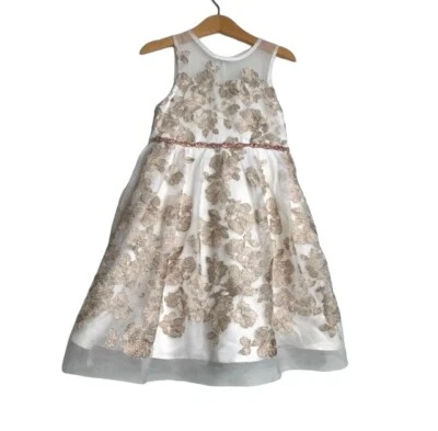 Vestido Línea A para Niñas Ediciones Raras Marfil Dorado Floral Cinturón Cremallera Bordado 6 Foto 1 de 4